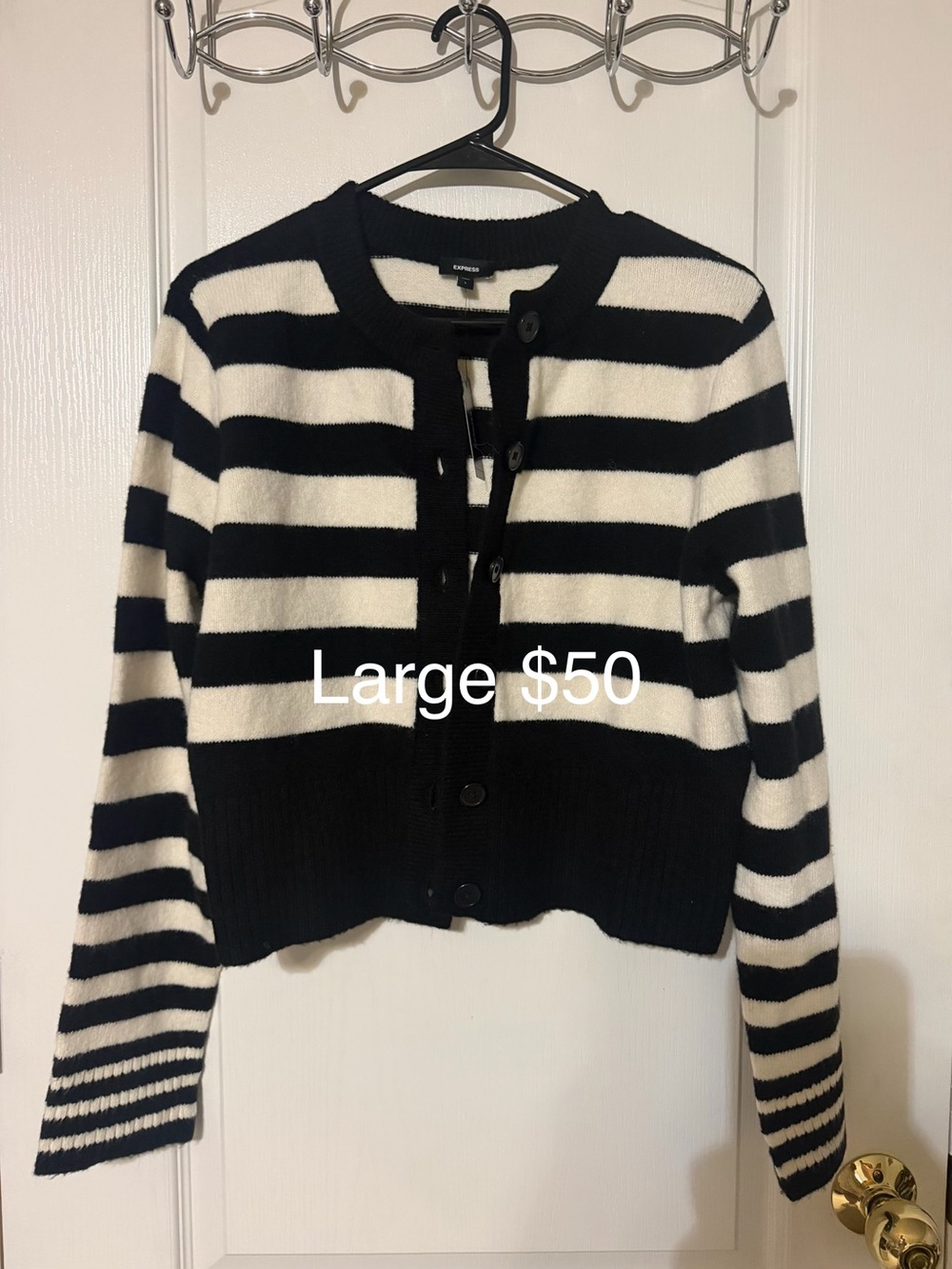 Express Black and White Striped Button-Up Cardigan